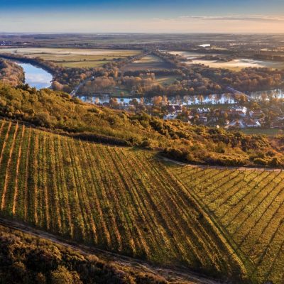 Tokaj, Hungary - Aerial panoramic view of the world famous Hungarian vineyards of Tokaj wine region with town of Tokaj, River Tisza and golden sunrise at background on a warm autumn morning